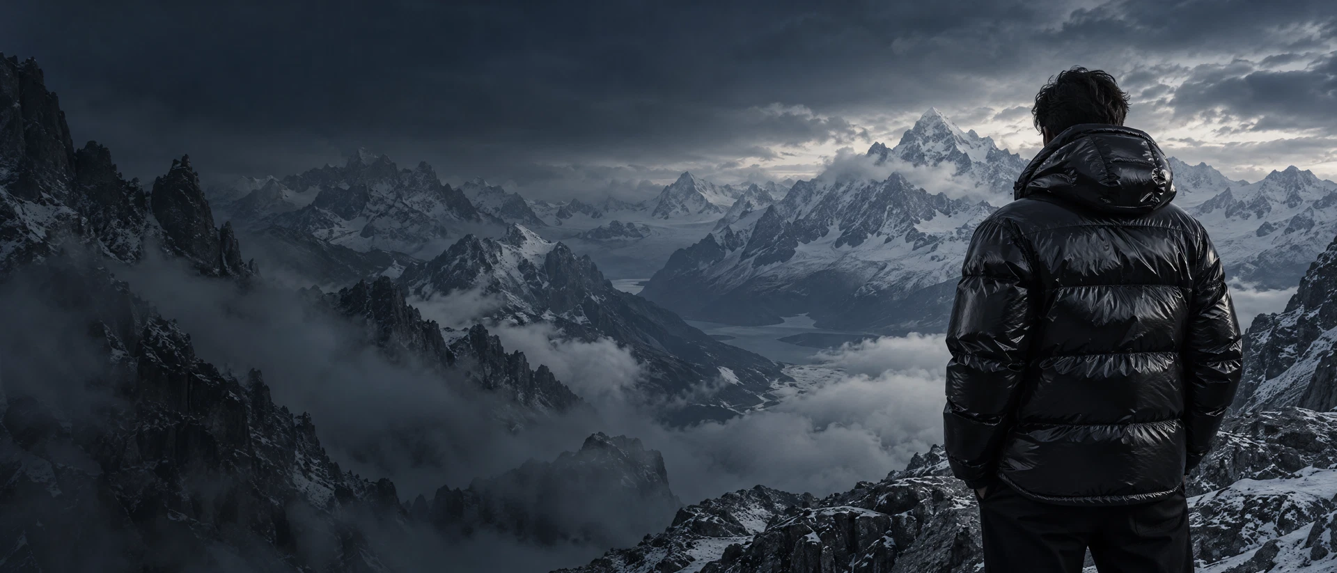 Contemporary black outerwear in an Alpine winter landscape